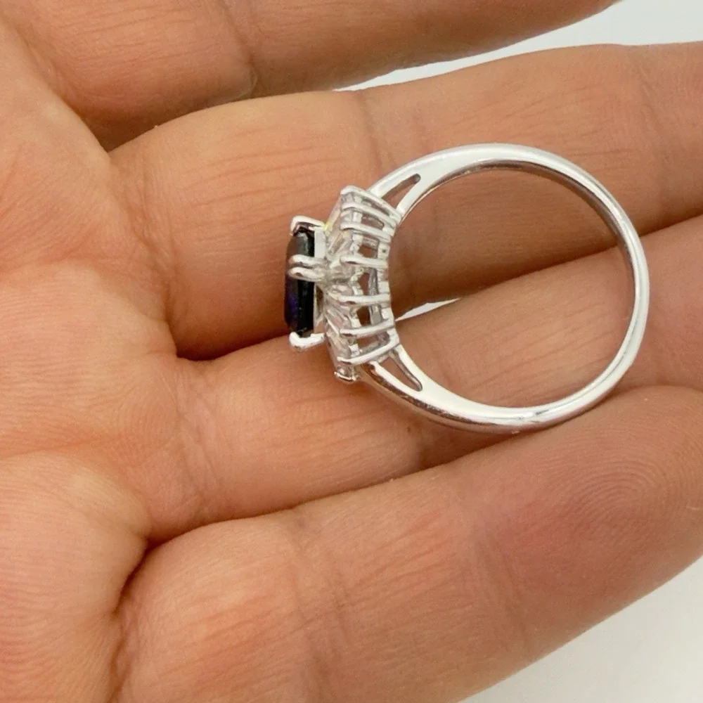 Vtg Saphire Halo Ring İLU 925 Sterling Silver Clear CZ 8.25